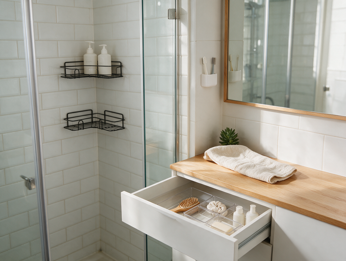 A bright tidy bathroom with a corner caddy, toothbrush holder and drawer trays
