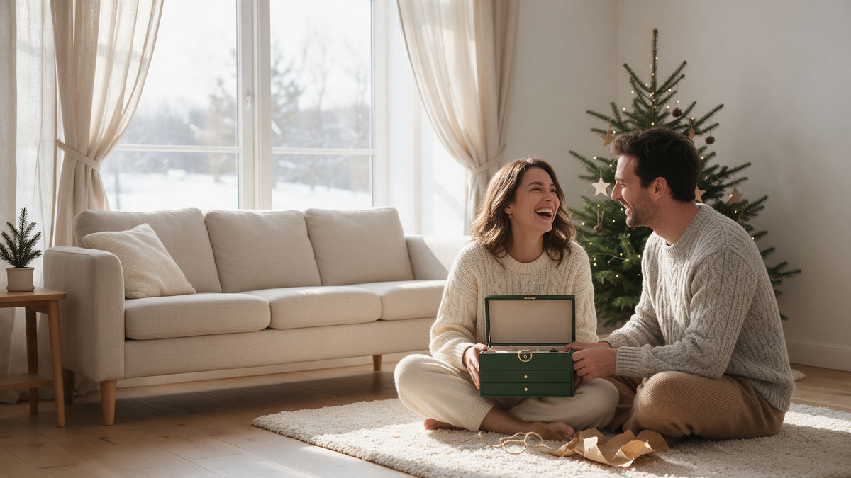 A couple laughs as she opens a green jewelry box gift by the Christmas tree