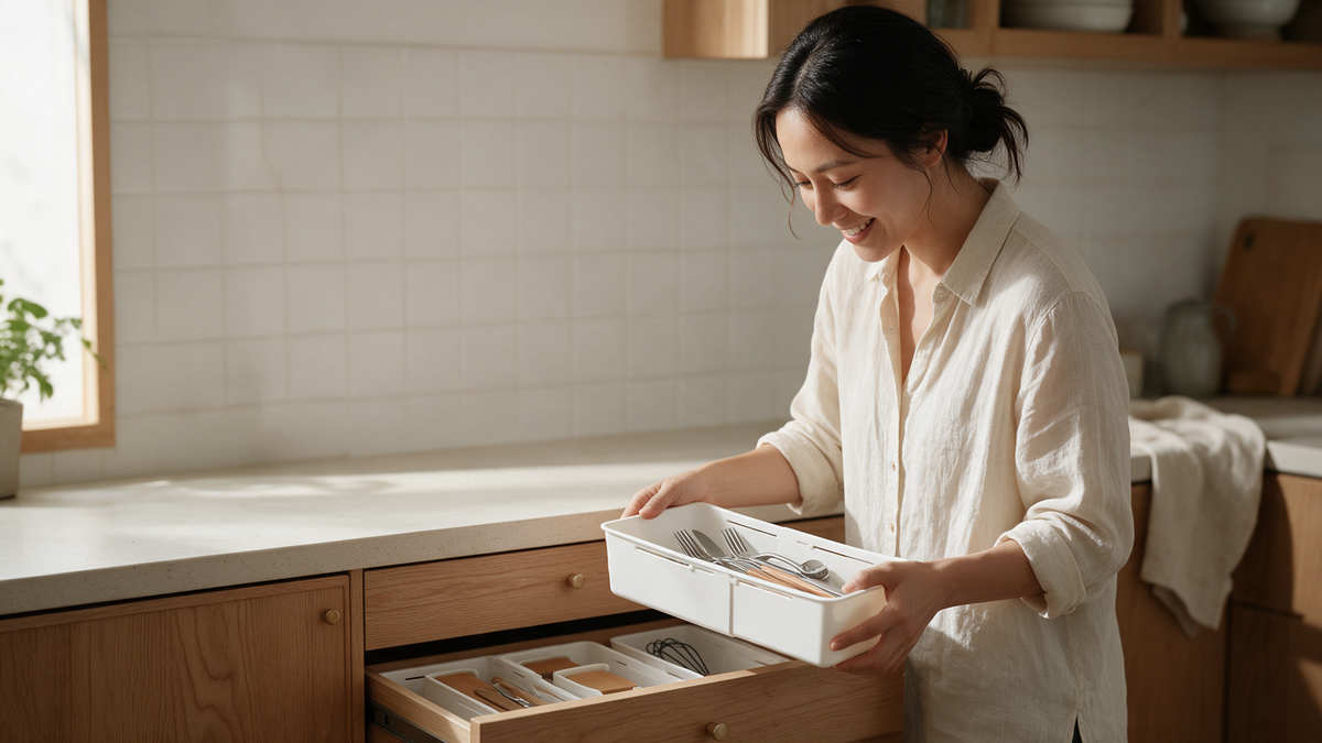 A smiling woman places a white drawer organizer into an oak kitchen drawer