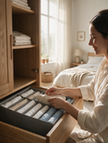 A smiling woman folds clothes into a grey drawer organizer