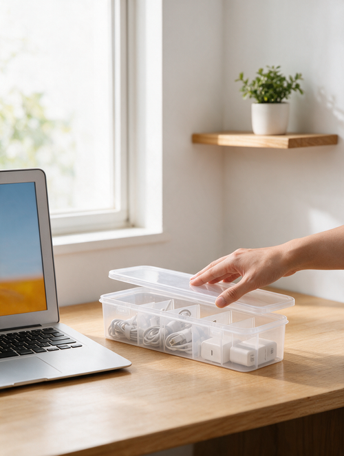 A hand closes a clear cable storage box on an oak desk
