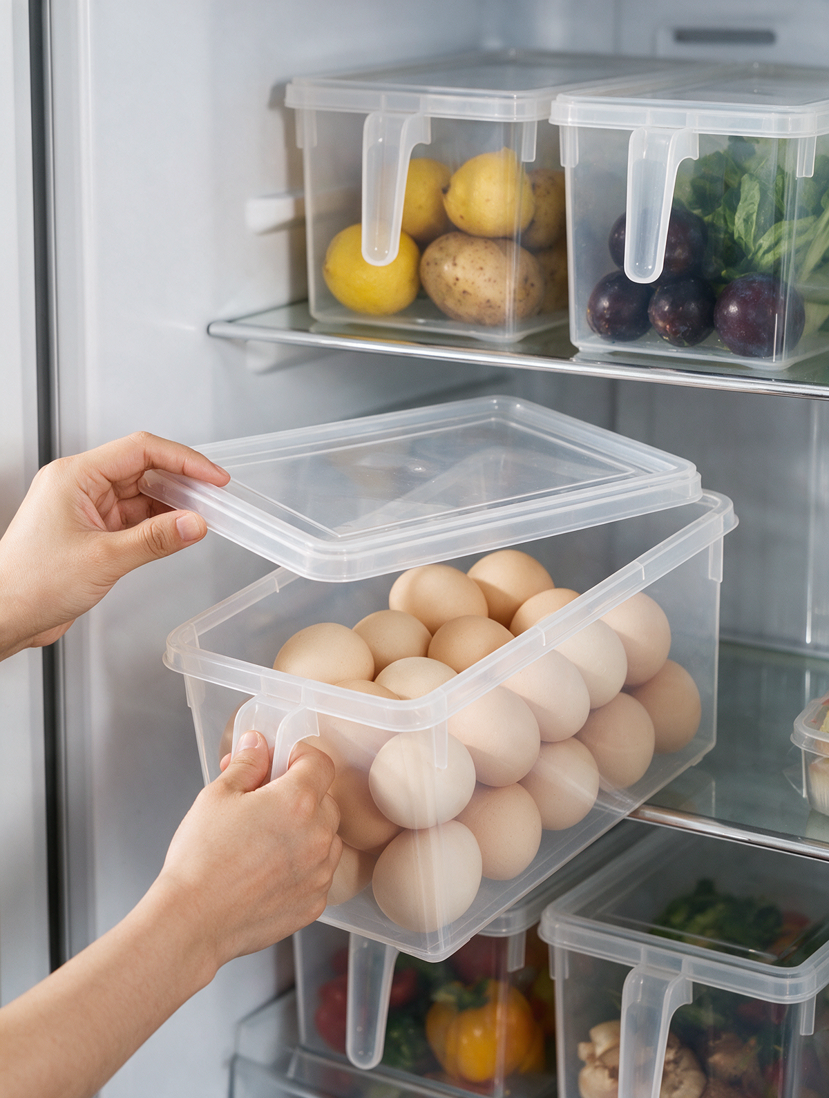 Hands pull a clear storage bin of eggs from a tidy fridge