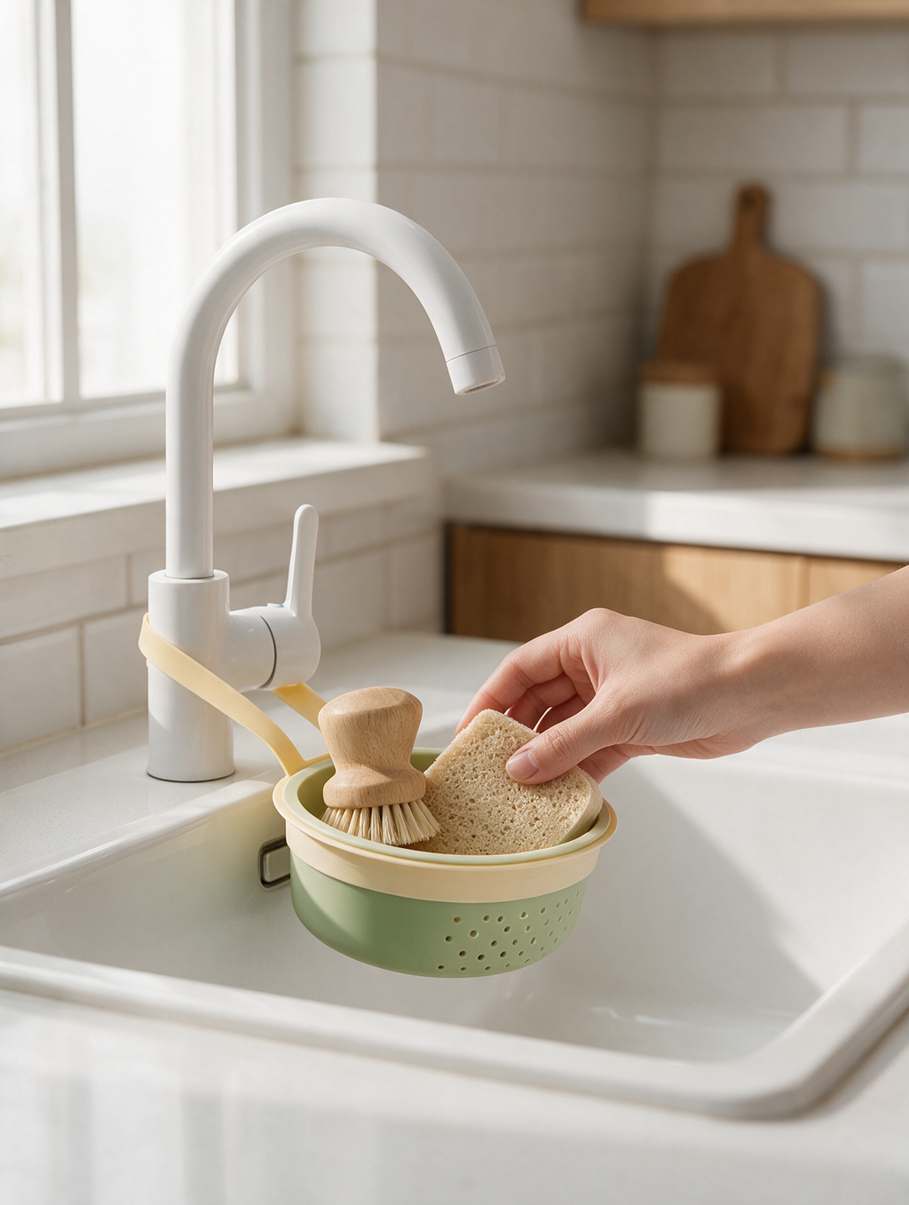 A hand puts a sponge into a green caddy on a kitchen faucet