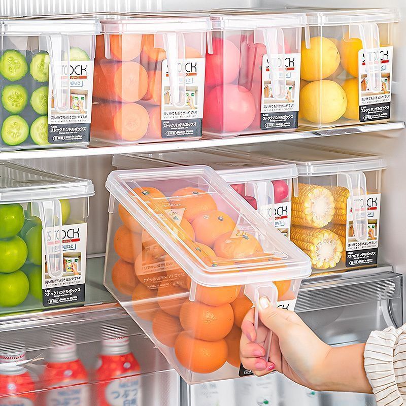 Best-selling refrigerator storage box, transparent strip handle-style frozen food storage box, vegetables, fruits, eggs, and food