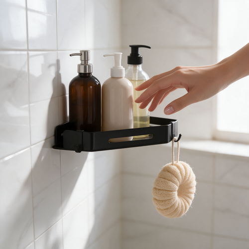A black corner shelf with hooks in a white tiled shower