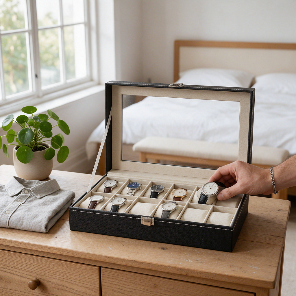 A man places a watch into a black watch box with a glass lid