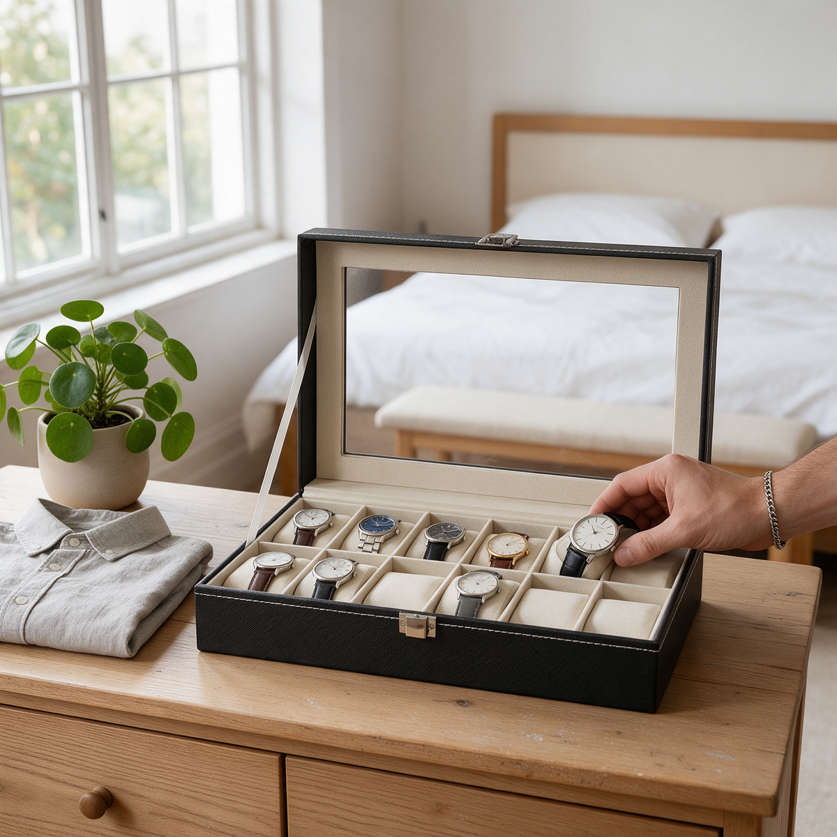 A man places a watch into a black watch box with a glass lid