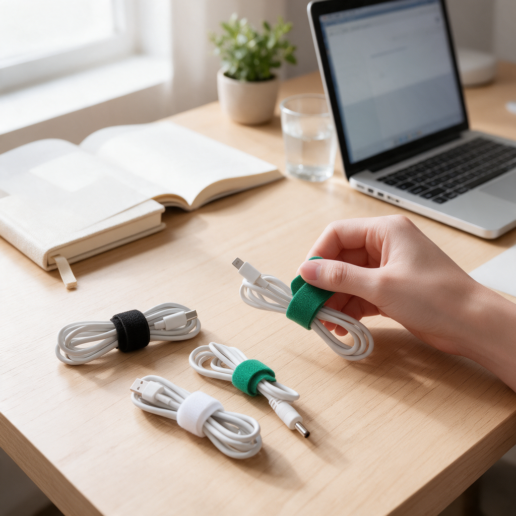 A hand wraps a reusable tie around a coiled cable