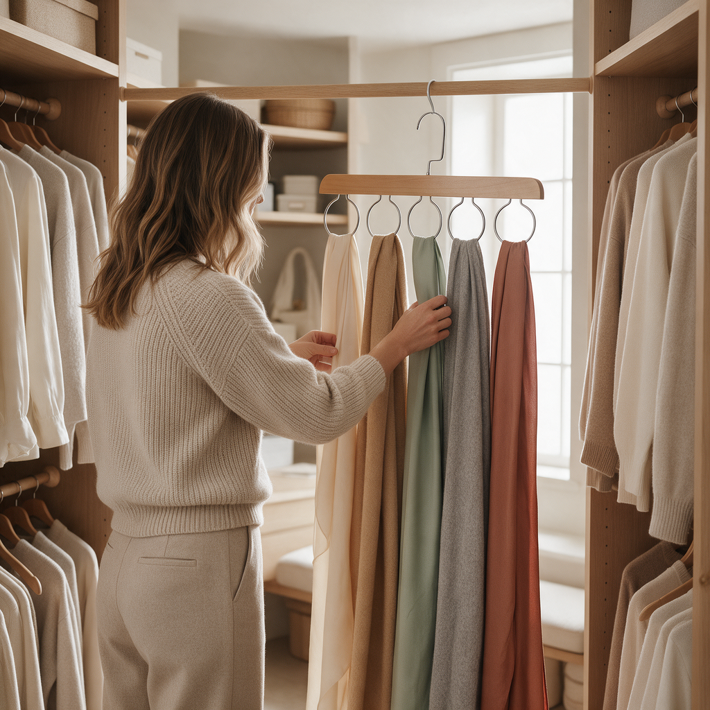 Wooden scarf hanger holding five scarves in a closet