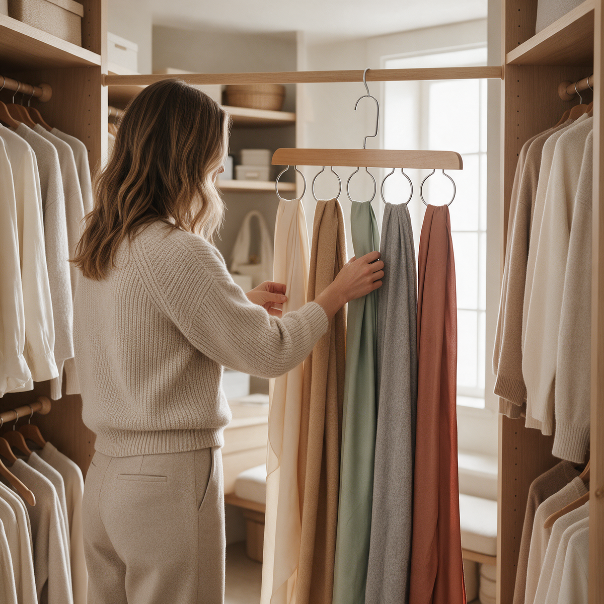 Wooden scarf hanger holding five scarves in a closet