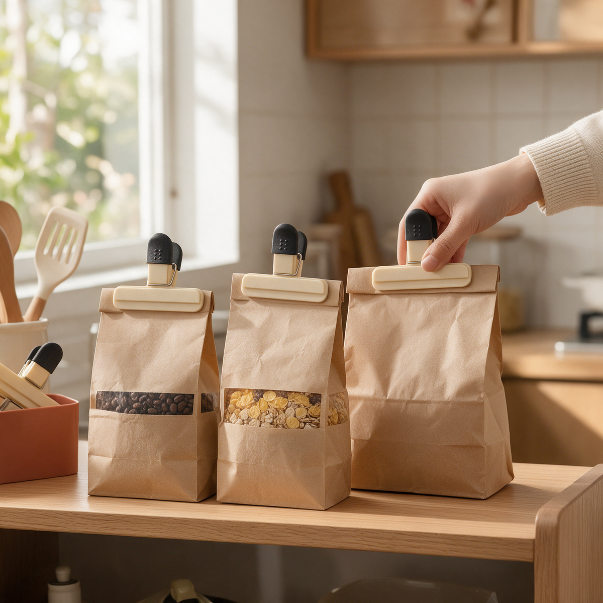 A hand clips a bag of coffee closed on a pantry shelf