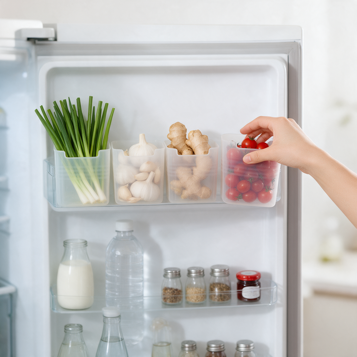 A hand lifts a small storage bin from a fridge door