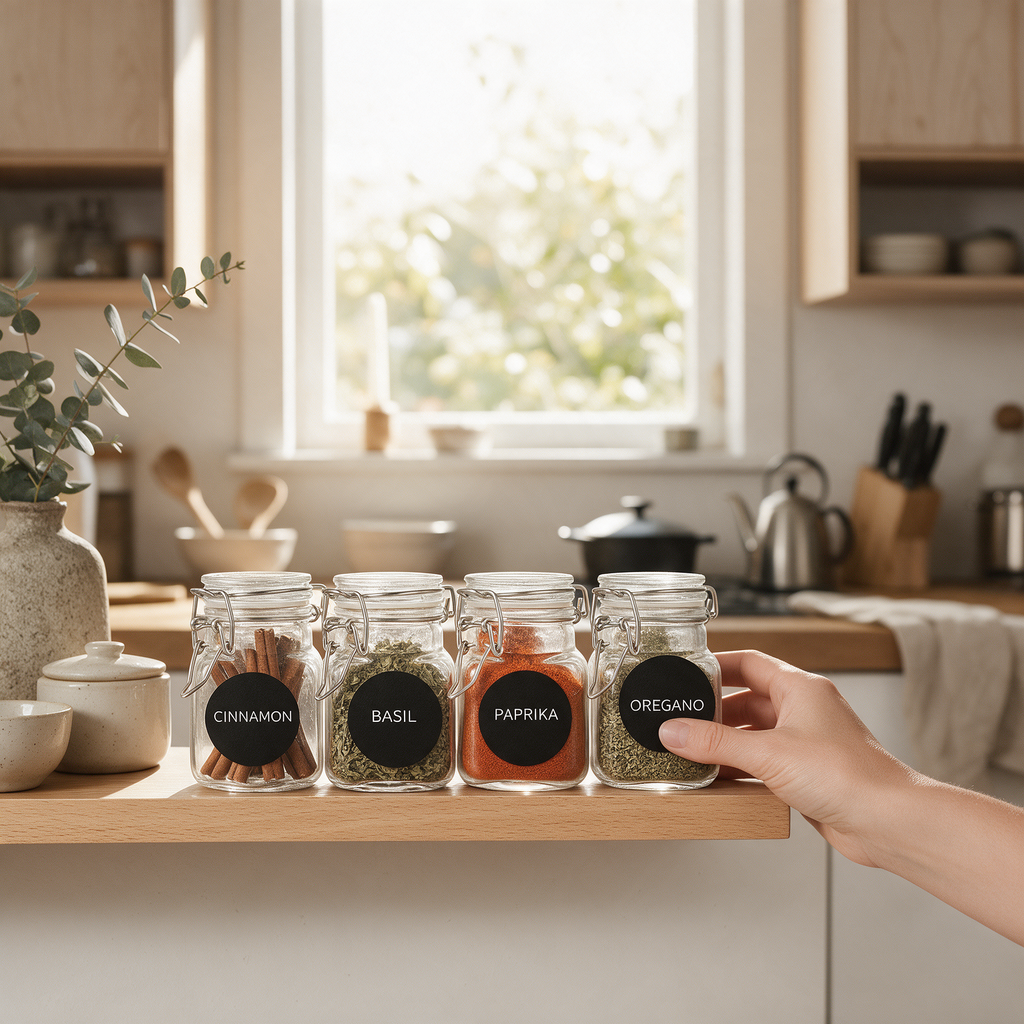 A hand presses a round black label onto a spice jar