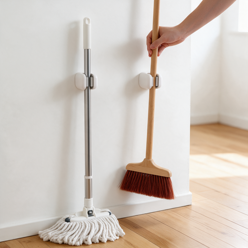 Wall-mounted clips hold a mop and a broom
