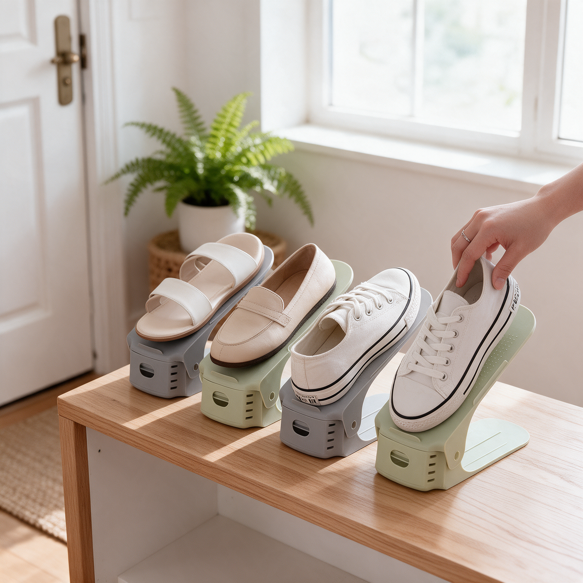 Shoe slot organizers hold pairs of shoes on an entry shelf