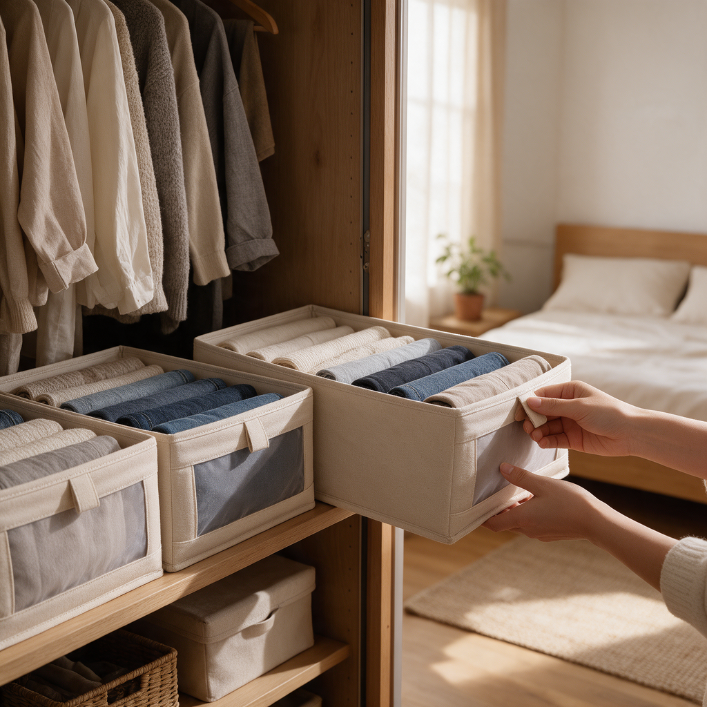 Hands pull a fabric storage box with a window from a shelf