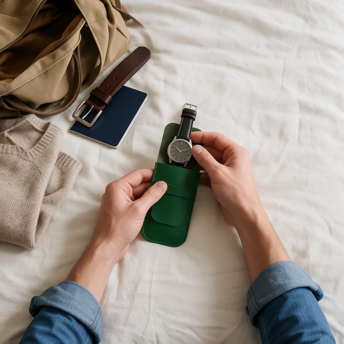 Hands slide a watch into a green watch pouch while packing a weekend bag