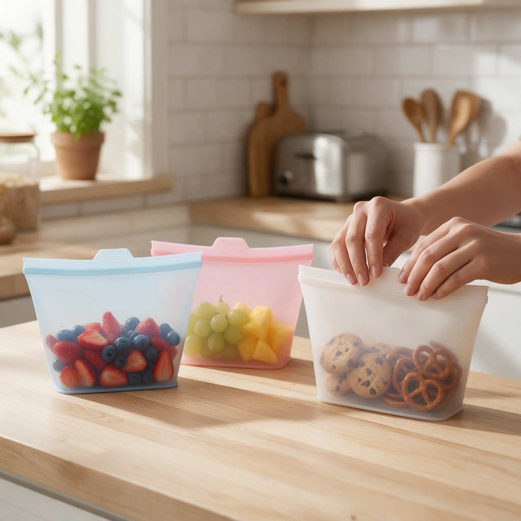 Hands close a silicone food storage bag on a kitchen counter