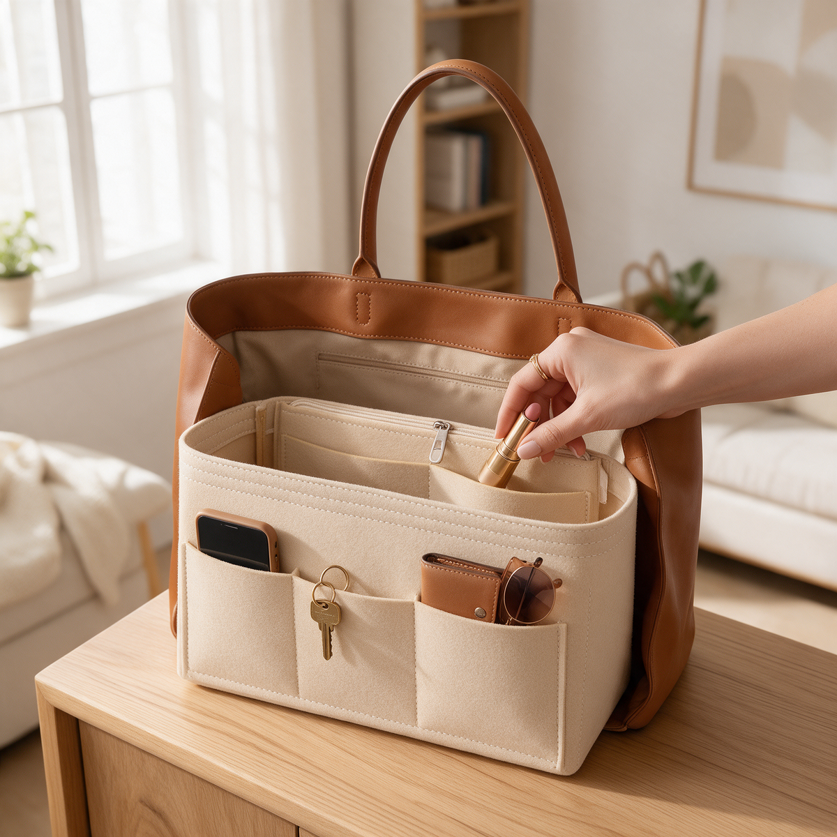 A felt organizer insert inside an open tote bag