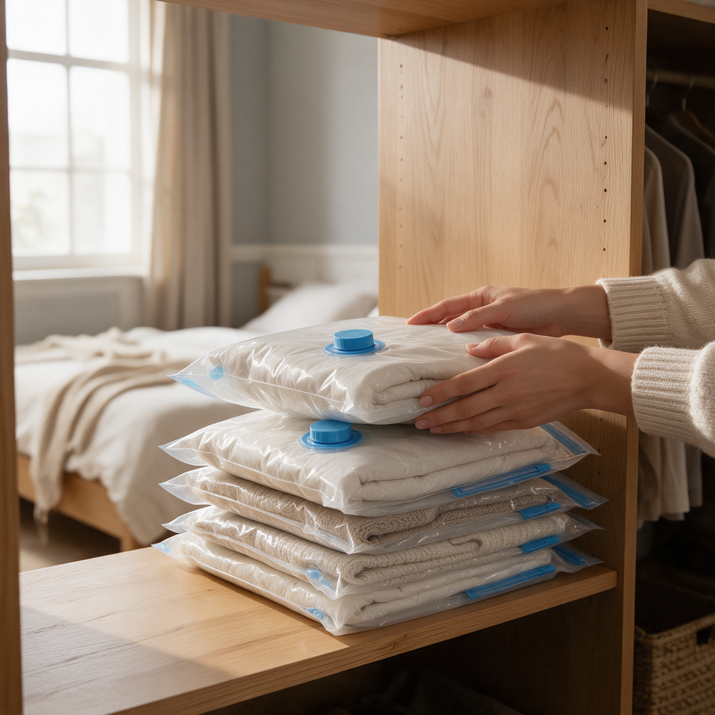 Hands stack flat vacuum storage bags on a wardrobe shelf