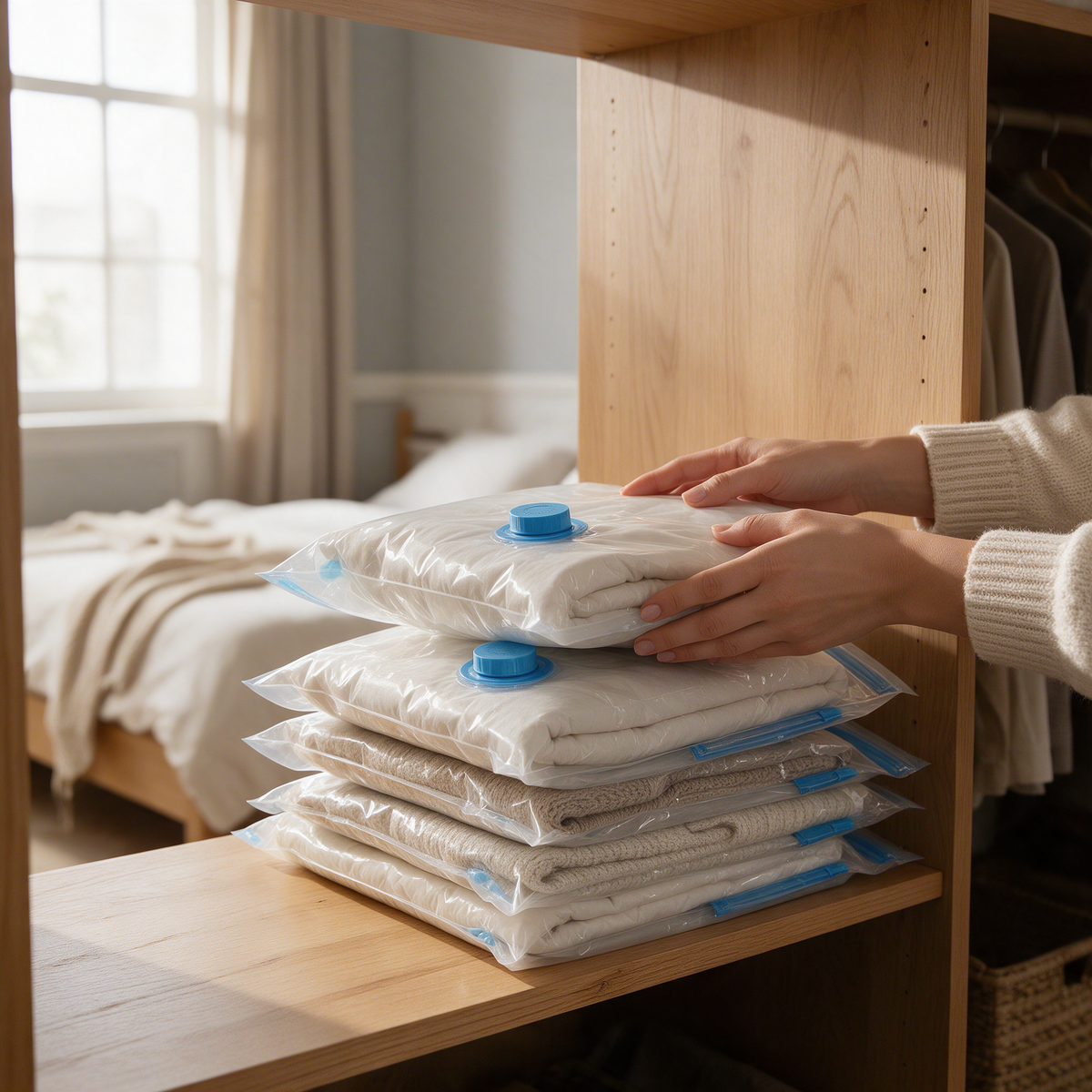 Hands stack flat vacuum storage bags on a wardrobe shelf
