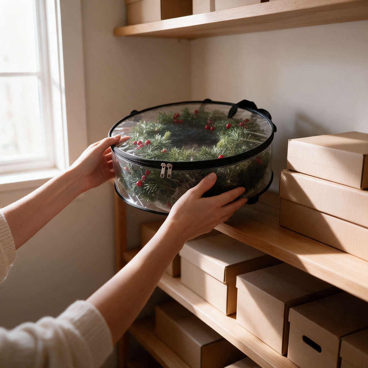 Hands lift a wreath in a clear storage bag onto a closet shelf