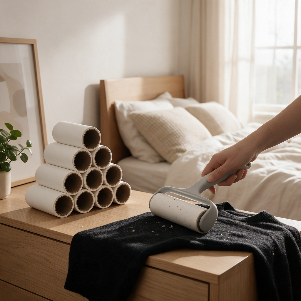 Lint roller refill rolls next to a hand rolling a sweater