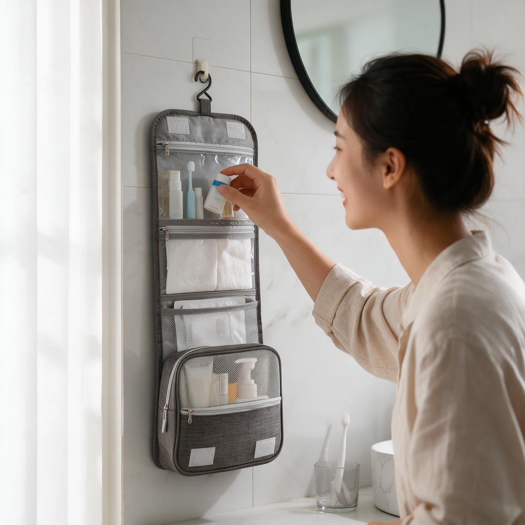 A woman takes a bottle from a hanging toiletry bag