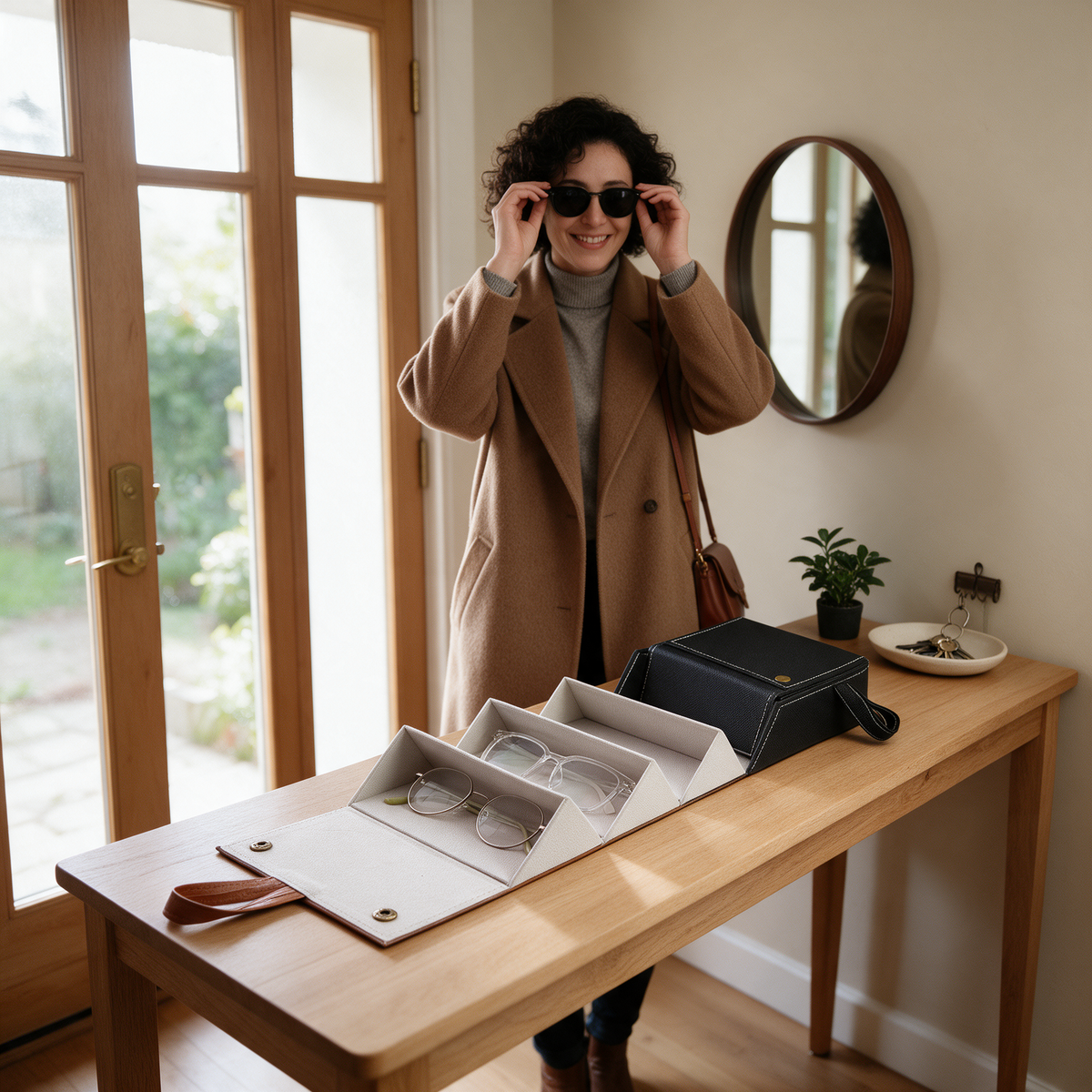 A woman puts on sunglasses by an open multi-slot glasses case in the entryway