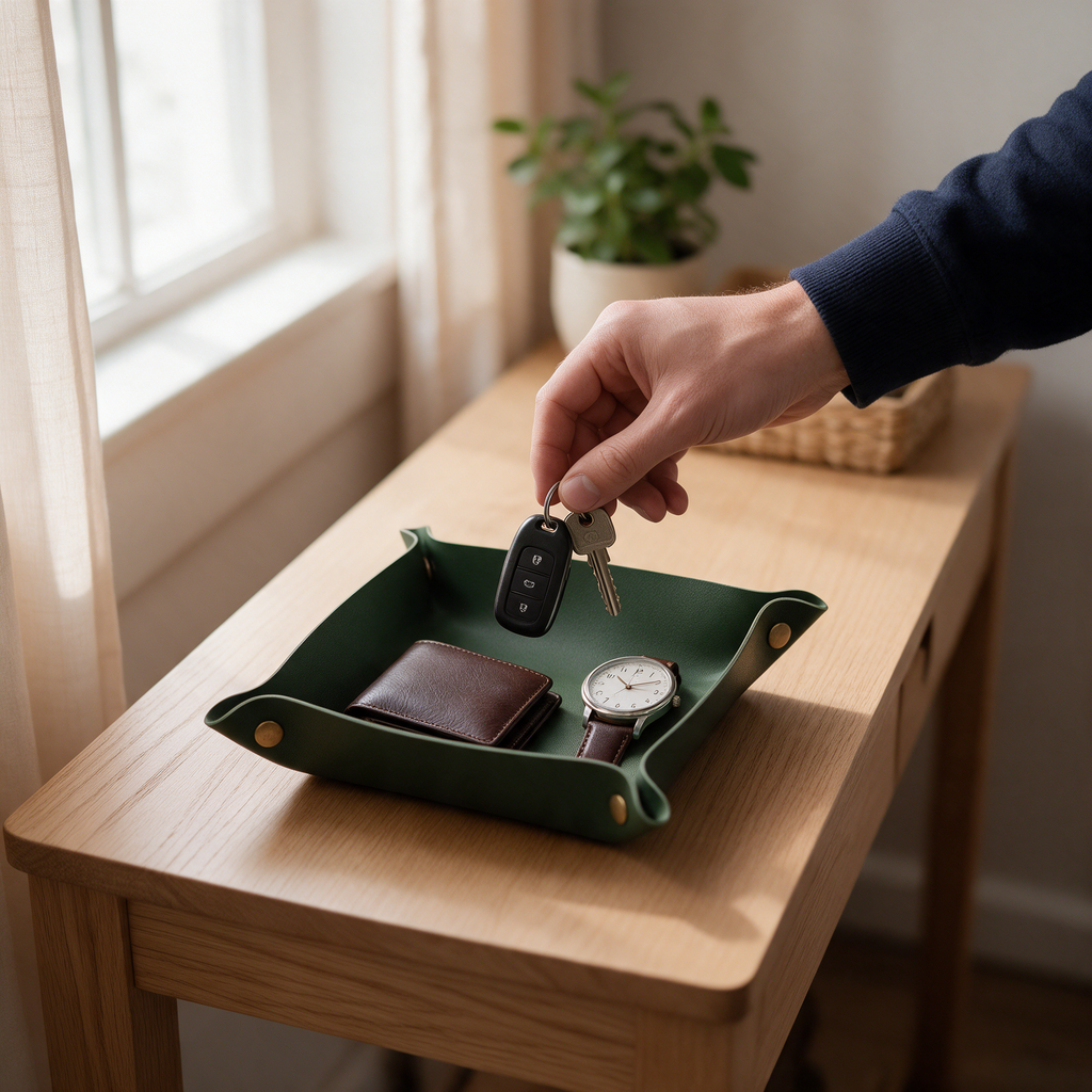 A hand drops keys into a green valet tray on an oak entryway table