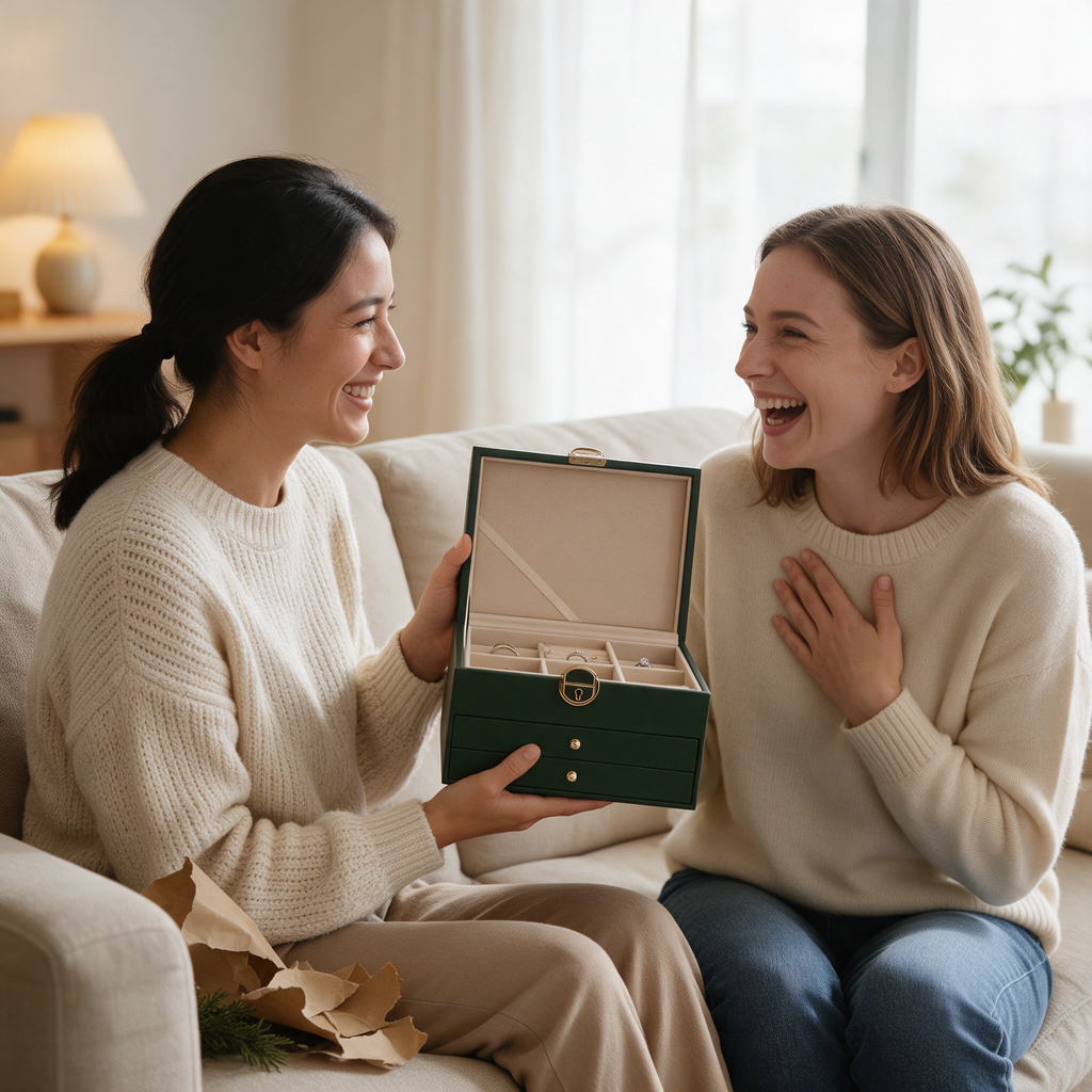 A woman gives her friend a green jewelry box as a gift on the sofa