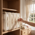Mesh bedding storage bags stand on a wardrobe shelf
