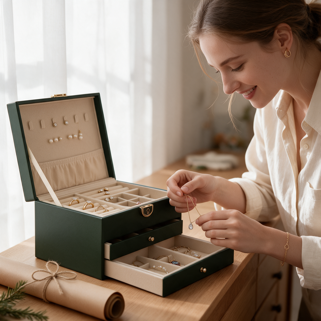 A woman lifts a necklace from a green 3-layer jewelry box on an oak dresser