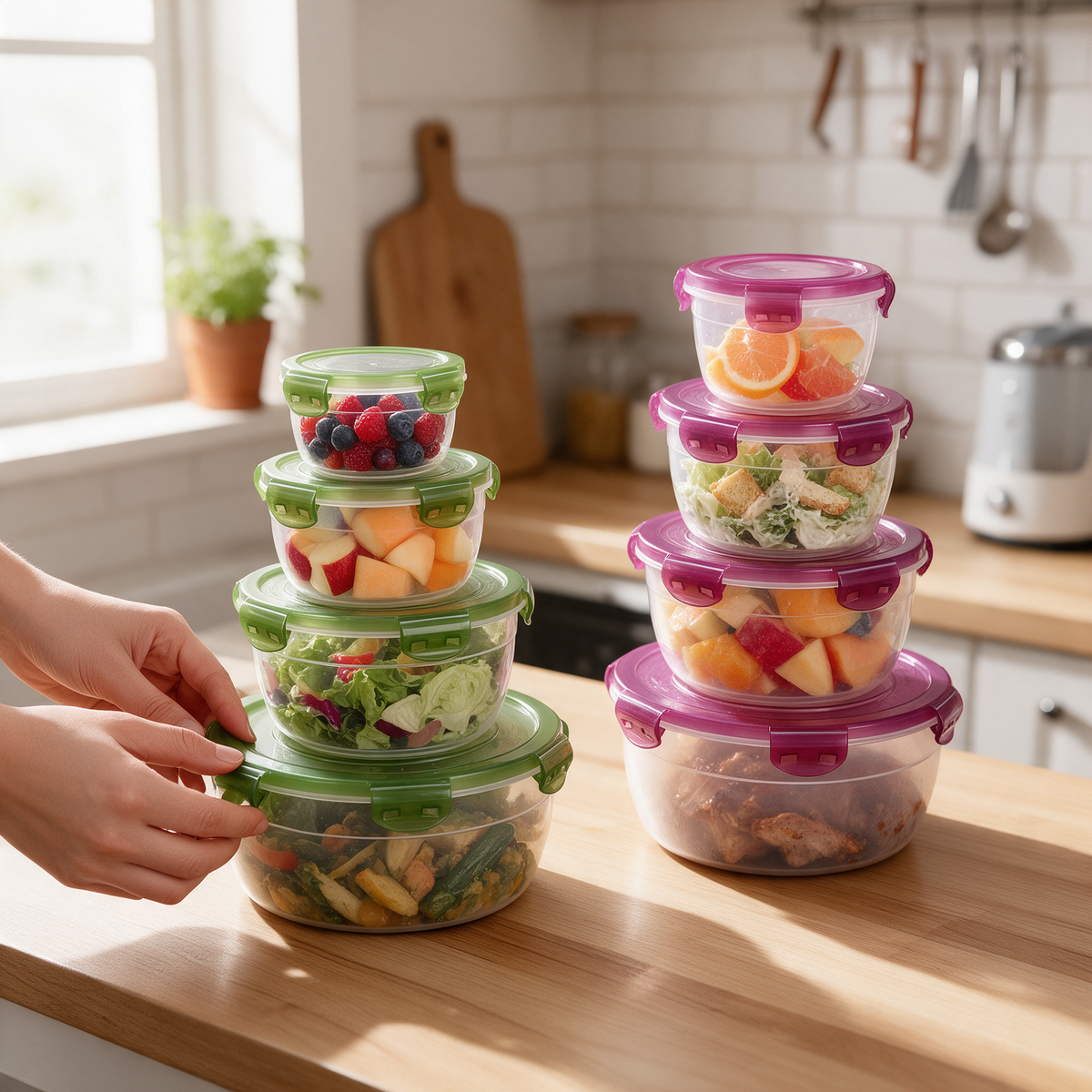 Hands close the lid of a clear food storage container