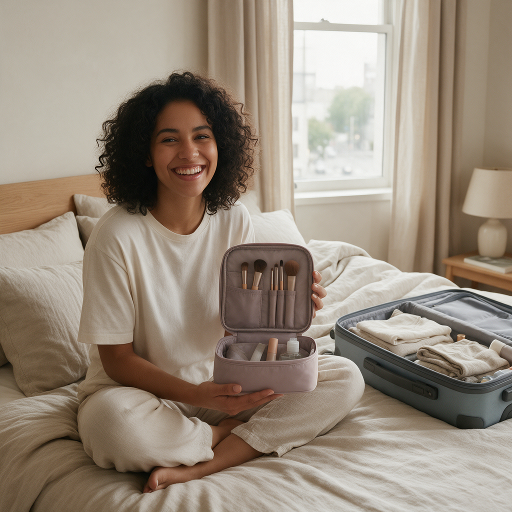 Woman holding an open travel makeup case on a hotel bed