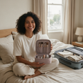 Woman holding an open travel makeup case on a hotel bed