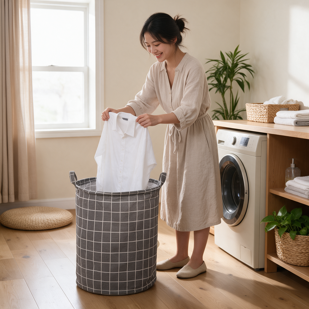 A woman drops a shirt into a fabric laundry basket