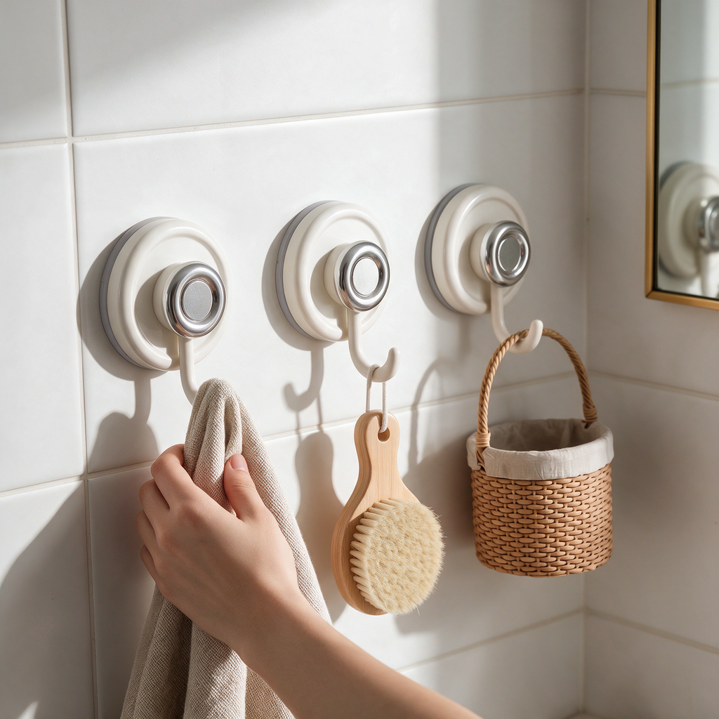 Suction hooks hold a towel and a brush on bathroom tile