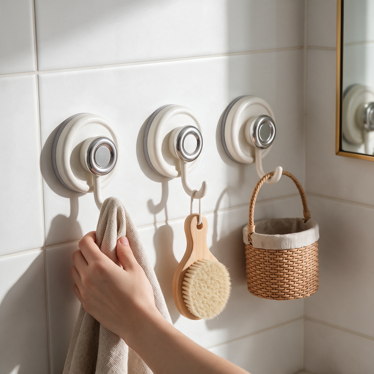 Suction hooks hold a towel and a brush on bathroom tile