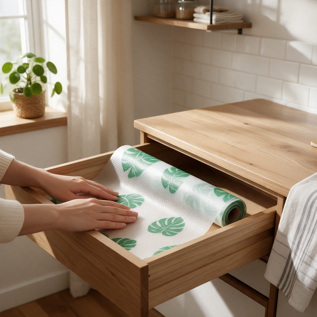 Hands smooth a leaf-pattern liner into a kitchen drawer