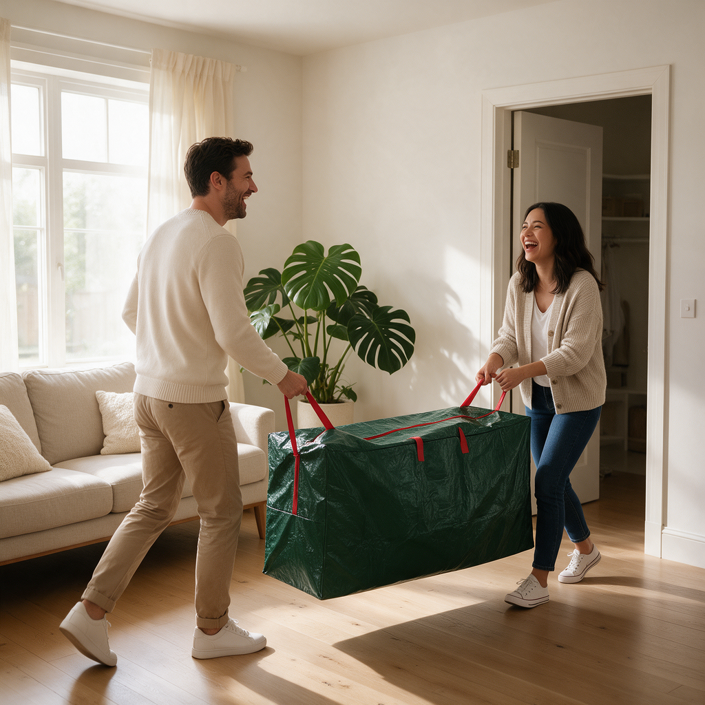 A couple carries a packed Christmas tree storage bag across the living room