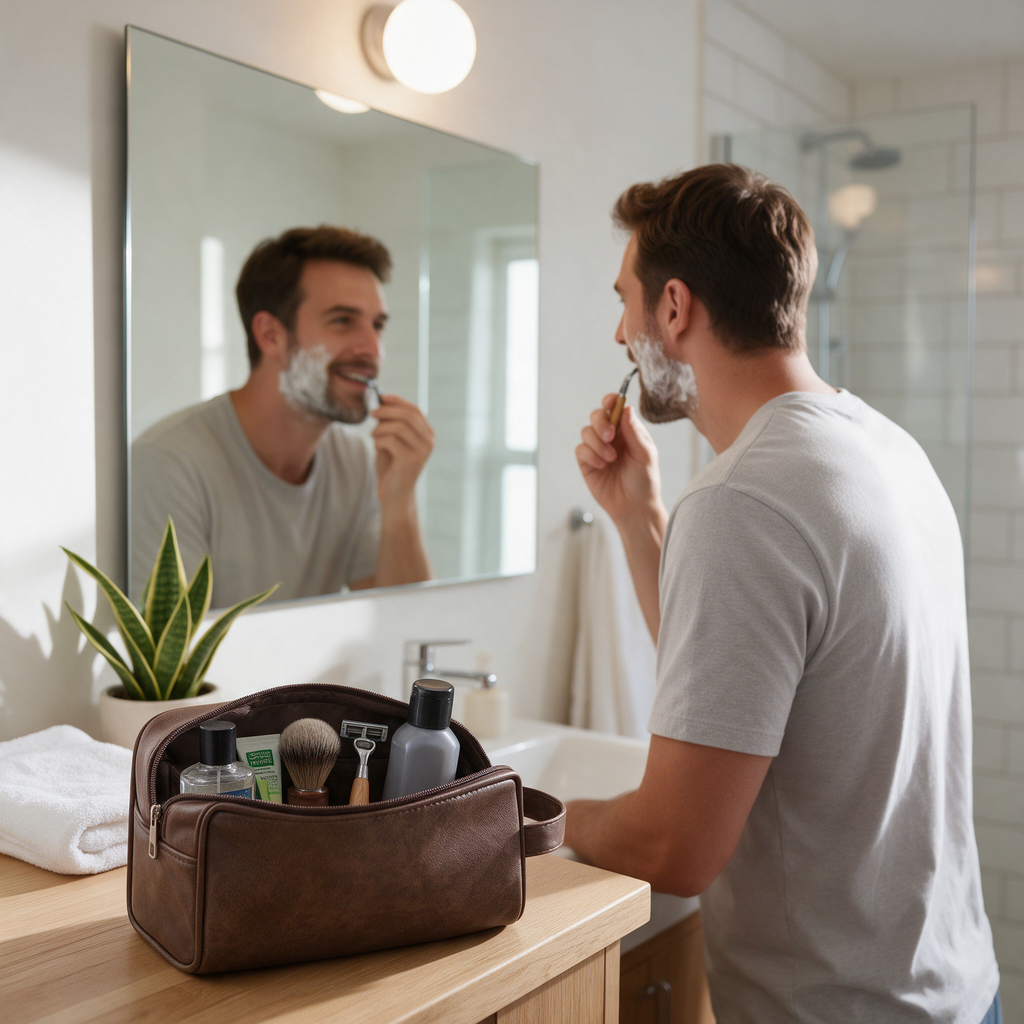 A man shaves at the mirror with his brown toiletry bag open on the counter