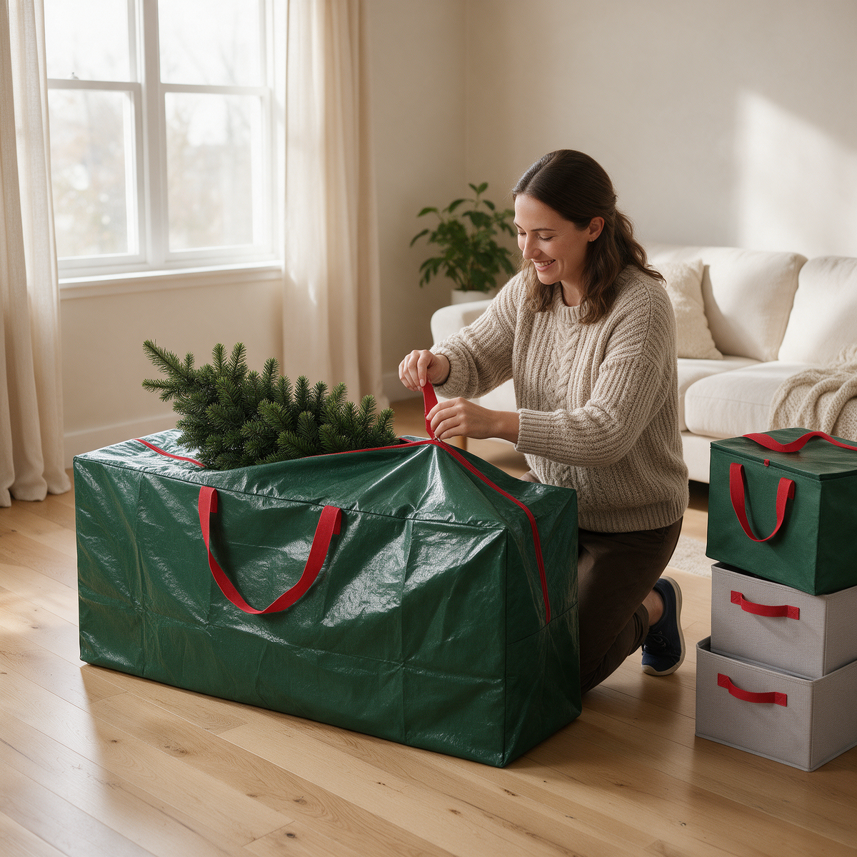 A woman zips a Christmas tree into a green storage bag