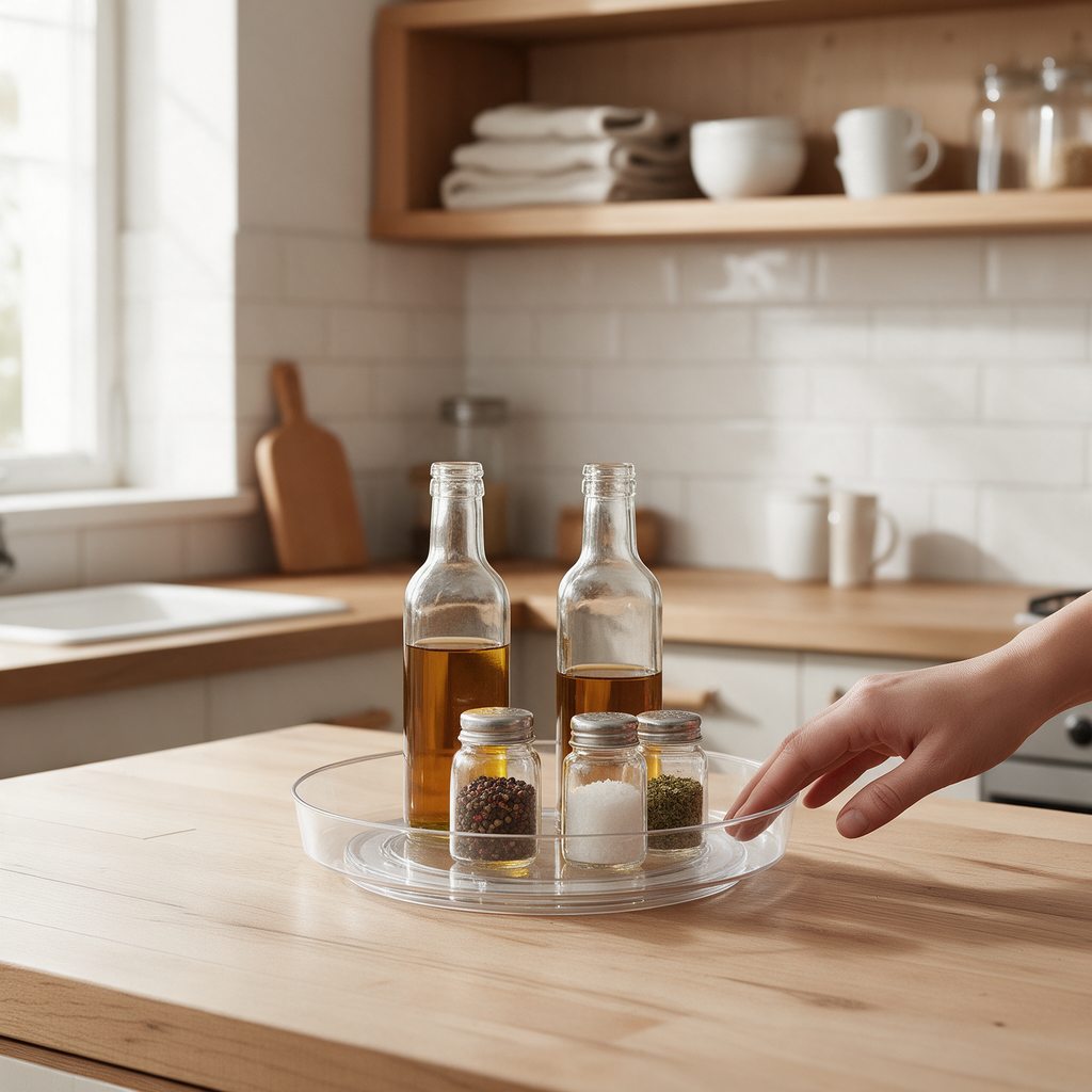 A hand turns a clear lazy Susan with bottles and jars