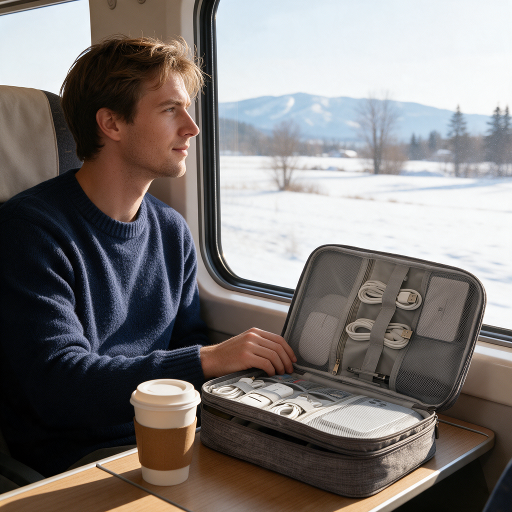 A man on a train looks out the window, his gray tech organizer open on the table