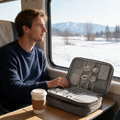 A man on a train looks out the window, his gray tech organizer open on the table