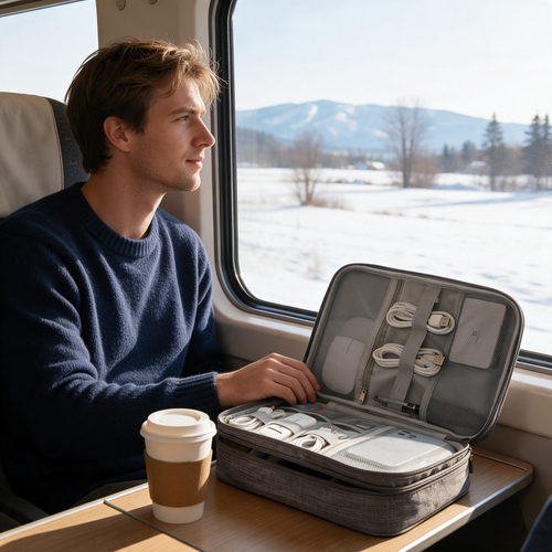 A man on a train looks out the window, his gray tech organizer open on the table