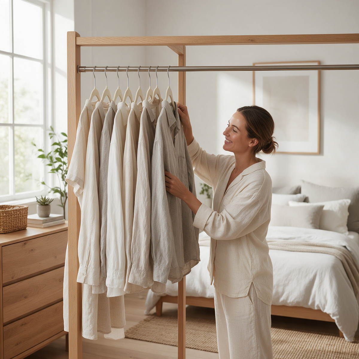A woman hangs a shirt on velvet hangers in a wardrobe