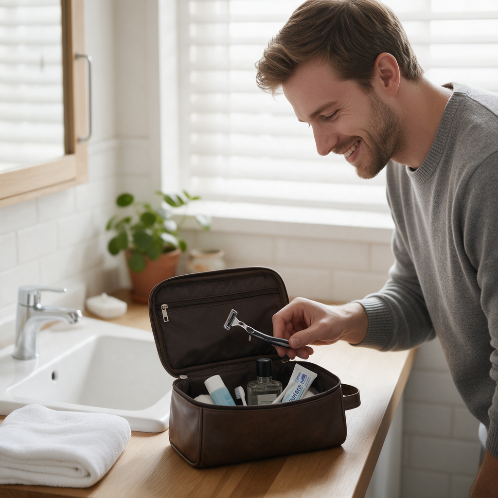 A man takes a razor from a brown leather-look toiletry bag on a bathroom counter