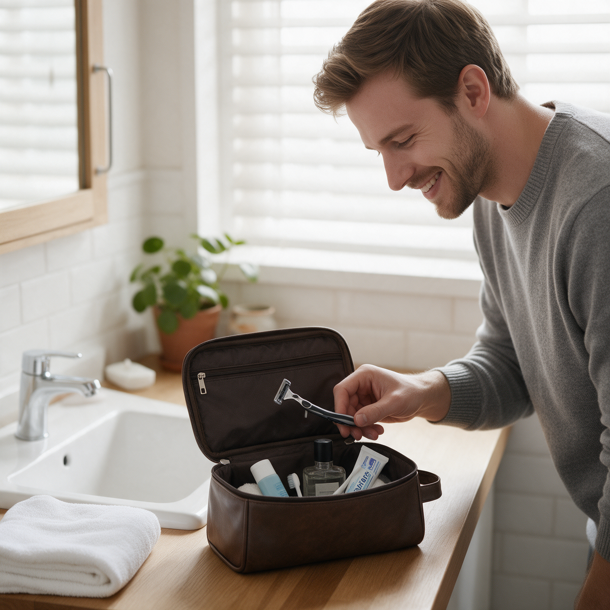 A man takes a razor from a brown leather-look toiletry bag on a bathroom counter